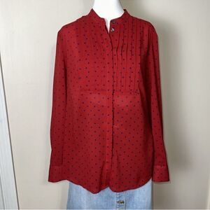 J.Crew M Red Blue Polka Yoke Button Front Long Sleeve Blouse
